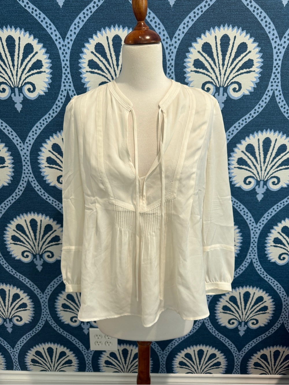 A.L.C. Cream Pintuck Tie-Neck Peasant Blouse